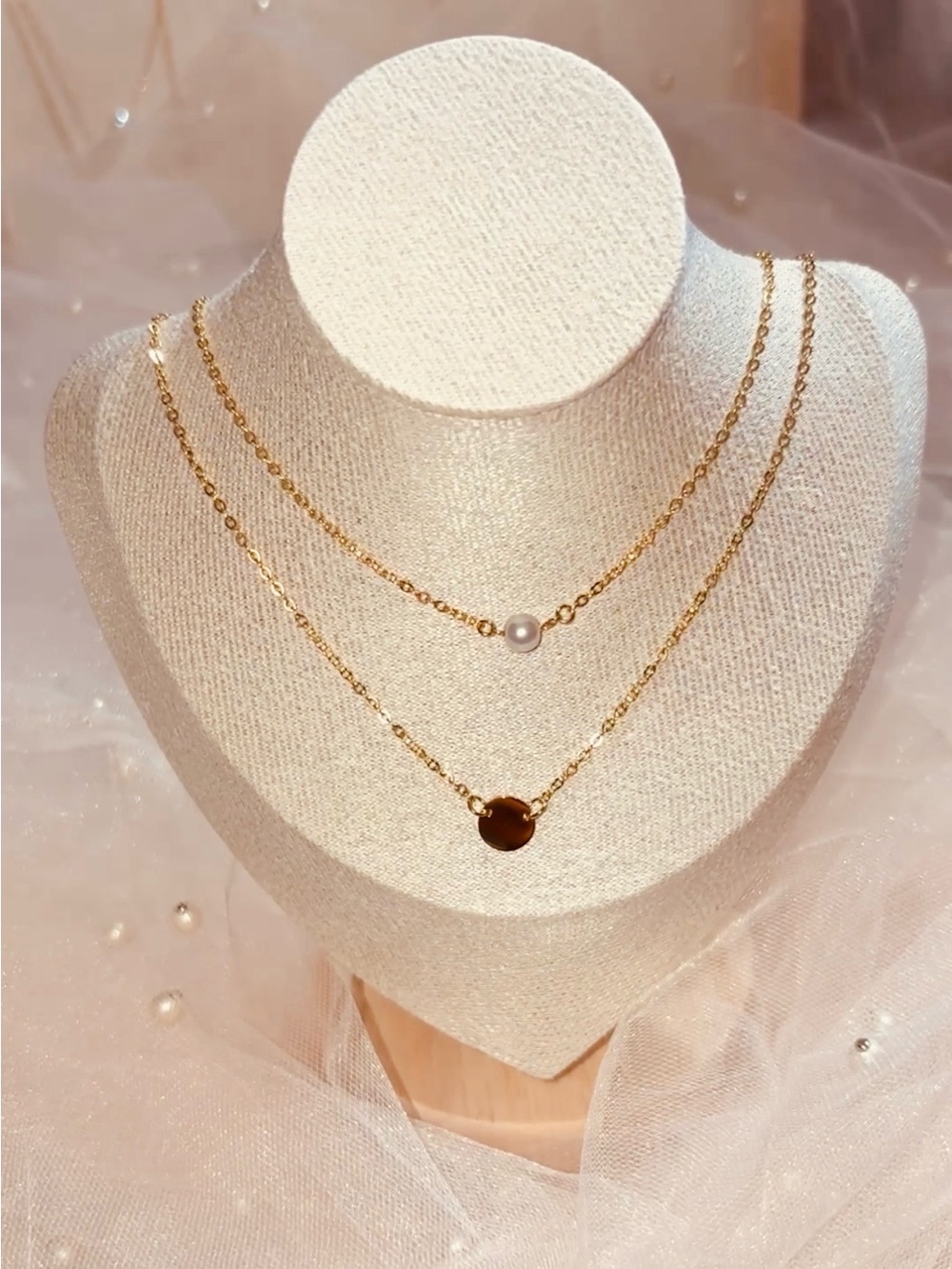 Gold Double-Layer Pendant Necklace with Pearl Accent